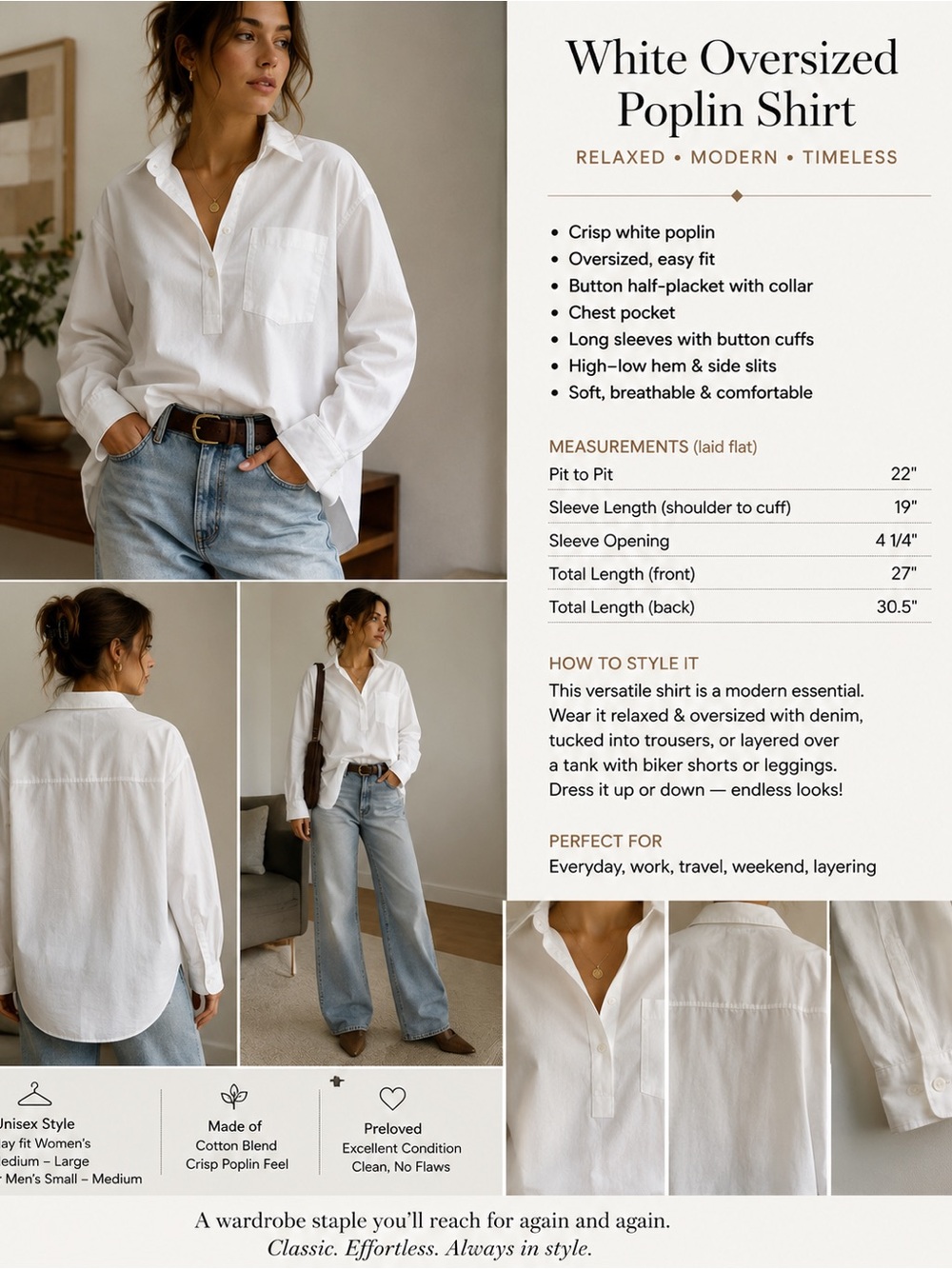White Oversized Popover Button-Front Shirt | Unisex Minimalist Collared Classic